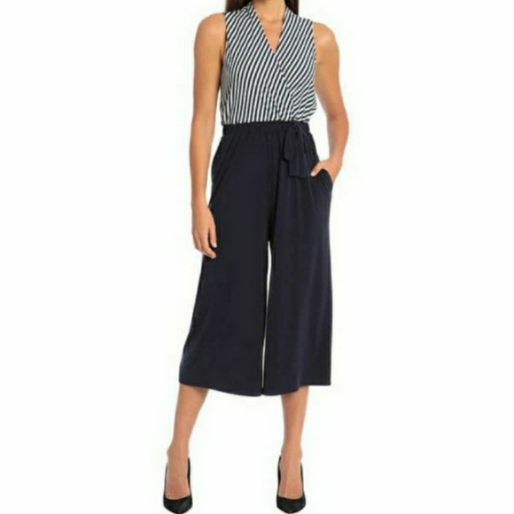 SANDRA DARREN Stripe Print Sleeveless Blue Cropped Jumpsuit NWT Medium - Picture 1 of 14